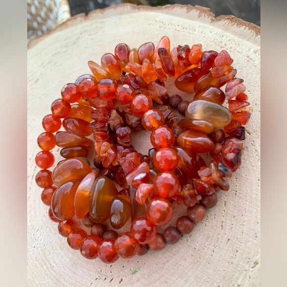 Natural Dark Orange Carnelian & Fire Agate Gemstone Mixed Bead Bracelet Stack - Picture 4 of 14